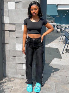 Jeans de mezclilla negros de cintura media, pierna ancha y corte recto, estilo streetwear, holgados, de talla grande, de alta calidad OEM para mujer, ideales para lavar. - Product Image 5