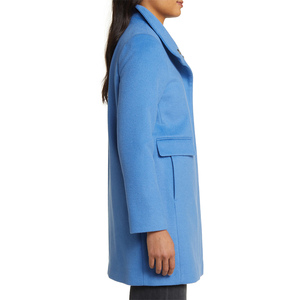 Manteau long en laine mélangée bleu pour femme avec fermeture éclair, col cranté, élégant pour l'hiver - Product Image 2
