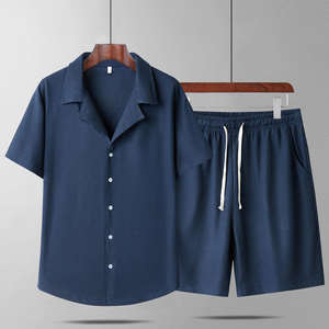 ชุดเซ็ตเสื้อยืดแขนสั้นผ้าลินินสำหรับผู้ชาย 2 ชิ้น ผ้าฝ้าย 100% สไตล์ลำลองสำหรับชายหาด ฤดูร้อน-ทรงหลวมยอดนิยม ผ้าถักยืดหยุ่น - Product Image 4