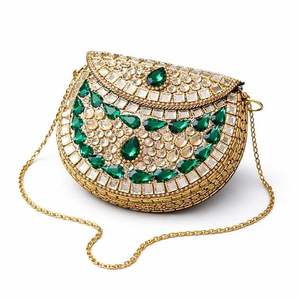 UnfoldSelf Luxury Green Stone Embellished Gold Moon Shape Clutch Bag | Designer Mirror Work Wedding <b>Handbag</b> <b>Chain</b> <b>Strap</b> for - Product Image 2