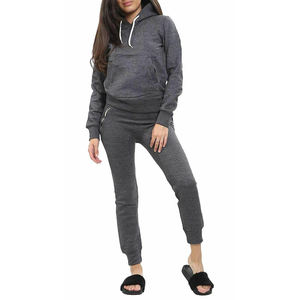 Women Grey Hooded Tracksuit Set Solid Color Casual Full Sleeve <b>Pants</b> With Side Pockets Elastic Waist Autumn Wear - Product Image 1