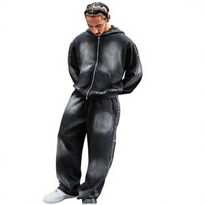 <b>Men</b> <b>Black</b> Hooded Tracksuit Set Full Length Loose Fit Streetwear Style With Rhinestone Detailing Gradient Color Autumn Wear - Product Image 1