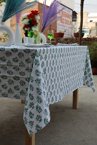 Handblock Printed <b>Tablecloth</b> Green and White Vintage <b>Tablecloth</b> Farmhouse Decor Wedding <b>Tablecloth</b> Custom Size Cotton Tablecover - Product Image 4