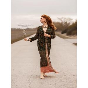 Bohemian Floral Print Kimono <b>Dress</b> With Hand Embroidery <b>Loose</b> Fit Long Sleeve V-Neck Asymmetrical Hem Chiffon Women's Casual - Product Image 2