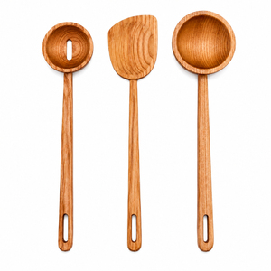 Juego de utensilios de cocina de madera vintage al por mayor, cucharas de madera naturales de mango largo, cucharón, espátula y volteador antiadherentes - Product Image 1