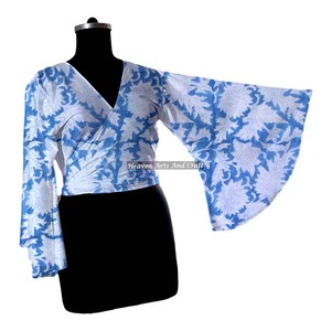 2026 Women's 100% Cotton Wrap Tie Dress Beach Wear Block Print Decoration Ladies Natural For Beach Part Wear Women <b>Top</b> - Product Image 3