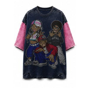 เสื้อยืดเดนิมผู้ชาย แขนสั้น คอกลม สไตล์ฮิปฮอป ลายปักตัวอักษร แต่งขอบสีชมพู ทรงโอเวอร์ไซส์ - Product Image 2