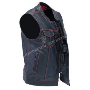 Gilet en cuir personnalisé pour homme, gilet de motard en cuir véritable pour homme avec surpiqûres rouges et doublure intérieure en polyester - Product Image 3