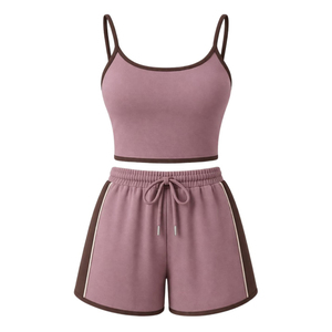Conjunto Deportivo de 2 Piezas para Mujer, Color Morado, Top Corto sin Mangas con Cordón Ajustable y Pantalones Cortos, Tejido Sólido y Transpirable, para Primavera/Verano - Product Image 1