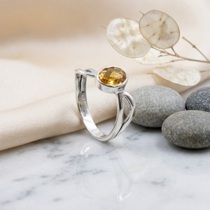 Citrine <b>Statement</b> <b>Ring</b> Natural Citrine Oval Gemstone Checker Cut Silver Plated Matte Finish Geometric Minimalist Bohemia - Product Image 1