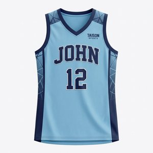 Maillot de basketball pour homme en maille polyester 150 GSM de qualité supérieure, bleu clair avec empiècements bleu marine, personnalisable par transfert thermique (nom et numéro), antibactérien - Product Image 1