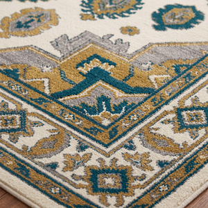 Tapis en laine DECORDEC Teal Gold Ivory Medallion, antidérapant, moderne, géométrique, floral, décoratif, bordure décorative pour un intérieur luxueux - Product Image 4