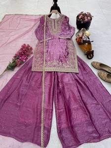 Luxury Fandy Silk Embroidered Kurti Palazzo Set with Diamond Hand Work & Soft <b>Net</b> Dupatta - Product Image 4