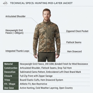 Chaqueta de caza para hombre OEM, capa intermedia de forro polar de rejilla laminada de 240 GSM, con cremallera completa, ajuste atlético, camuflaje, resistente al viento. - Product Image 5