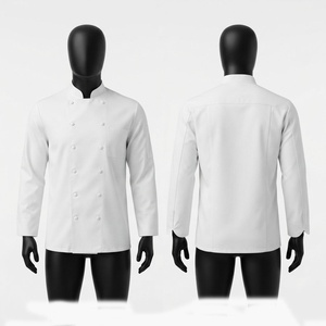 Premium 200 GSM Polyester Cotton Twill Unisex <b>Chef</b> <b>Jackets</b> Silk Screen Printed Navy Short Sleeve <b>White</b> Edge Piping Custom Logo - Product Image 3