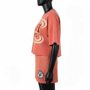 Camiseta Deportiva de Doble Capa para Mujer, de Algodón Jersey, con Panel de Malla Transpirable, Color Coral, Logotipo con Transferencia Térmica - Product Image 3