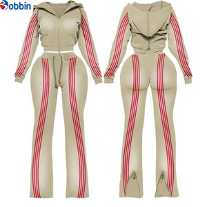 Conjunto Deportivo Personalizado para Mujer, Sudadera con Cierre y Franja Lateral en Contraste, Pantalones Deportivos Acampanados, 2 Piezas, Ropa Deportiva, Estilo Urbano - Product Image 1