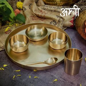 Traditional Brass Dinnerware Set with Thali Plate 2 Glasses 2 Bowls <b>Spoon</b> Indian Festive Table <b>Serving</b> Wholesale - Product Image 1