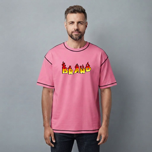เสื้อยืดฮิปฮอปผู้ชายคุณภาพสูง ผ้าฝ้าย 100% หนัก 180 กรัม ทรงโอเวอร์ไซส์ คอกลม สีชมพู  รับสกรีนโลโก้ - Product Image 1
