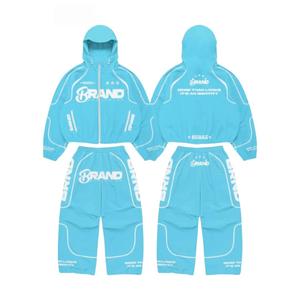 Ensemble de survêtement bleu à capuche, manches longues, fermeture éclair, style sportif, unisexe adulte, léger, séchage rapide, design 2-en-1 sur le côté, idéal pour l'automne - Product Image 3
