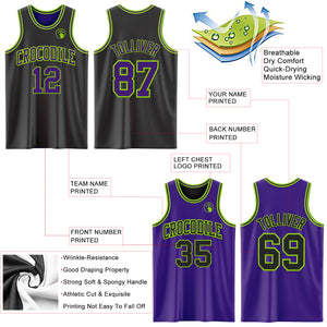 Ensemble de maillots de basket-ball réversibles personnalisés noir, violet, vert néon, sublimation double face, uniforme d'équipe, séchage rapide, taille élastique, 3D - Product Image 3