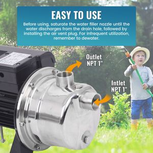 Pompe à jet pour puits peu profond 3/4 HP, 110V 60Hz, hauteur de refoulement 114 pieds, en acier inoxydable, pour l'irrigation domestique et le drainage de l'eau - Product Image 6