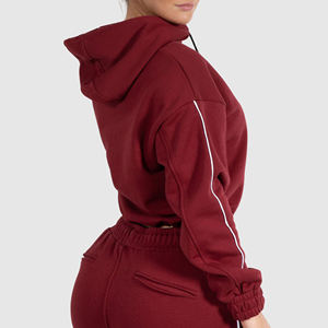 Women's <b>Red</b> <b>Cropped</b> Hoodie Fleece Solid Color Casual Hooded Sweatshirt Long Sleeve Drawstring <b>Top</b> - Product Image 3
