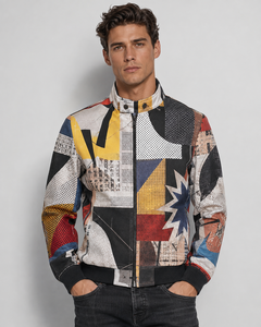 <b>Men's</b> Patchwork Bomber <b>Jacket</b> Stand Collar Zipper Closure Casual Style Polyester Cotton Blend Autumn Wear Bomber <b>Jacket</b> - Product Image 1