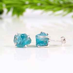 Handmade Raw <b>Blue</b> Apatite <b>Stud</b> <b>Earrings</b> Sterling Silver Healing Crystal Jewelry - Product Image 3
