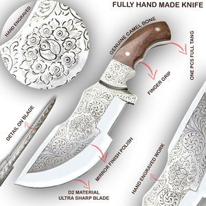 Couteau de chasse artisanal en acier D2 gravé à la main, manche en bois, lame de 6 à 7,9 pouces, haute dureté, couteau extra-affûté - Product Image 5