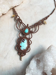 Turquoise Gold Plated Macrame <b>Statement</b> <b>Necklace</b> Zinc Alloy Double Stone Brown Cord Boho Handmade Adjustable Pendant Jewelry - Product Image 3