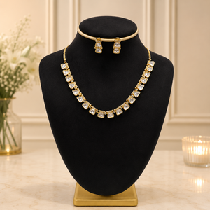 Stylish Premium Quality Gold Plated Brass Moissanite Necklace Earrings <b>Set</b> <b>Women</b> Traditional Wedding Engagement Party <b>Gift</b> - Product Image 1