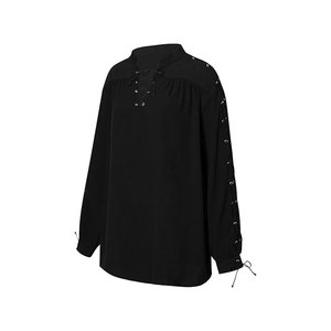 Chemise à manches longues bleu clair pour homme avec col montant et laçage sur le devant, en coton tissé décontracté, coupe classique, couleur unie - Product Image 5