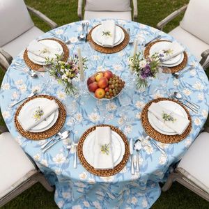 Floral Printed 10 Seater <b>Round</b> 275 cms <b>Tablecloth</b> Light Blue <b>White</b> Flowers Classic Style Woven Washable Machine Wash Wedding Use - Product Image 3