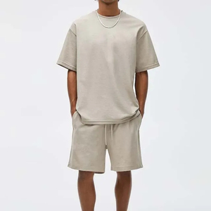 Harry Johnson Production OEM ODM Men's Beige Crew Neck T-Shirt <b>Set</b> Solid Color <b>Knitted</b> Cotton Casual Summer Shorts Outfit - Product Image 1