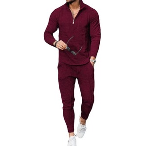 Ensemble de survêtement bordeaux zippé pour homme : sweat-shirt polo à manches longues et pantalon de jogging – Tenue décontractée pour l'automne - Product Image 5