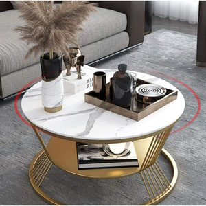 Table basse ronde moderne en contreplaqué avec finition effet marbre et structure en métal doré, table centrale contemporaine de luxe pour salon - Product Image 5