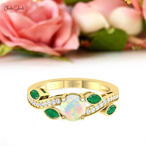 Verified Suppliers 6mm Round Cut <b>Opal</b> & Emerald Floral <b>Ring</b> 14k Solid Gold Diamond Accent Twisted <b>Ring</b> for Engagement Gift - Product Image 1