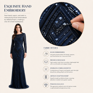 Robe de soirée sirène bleu marine de luxe, à sequins |   Robe de soirée formelle à manches longues |   Vêtements élégants pour femmes, conçus par des designers, OEM Inde 2026. - Product Image 5