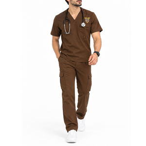 Ensemble de blouses médicales unisexe en molleton 100% coton marron, haut à col en V avec poche et pantalon cargo, uniformes d'hôpital avec logo personnalisé - Product Image 3