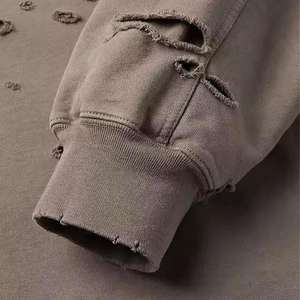 Sudadera con capucha de algodón de 380 g/m² de alto gramaje, con bordado 3D personalizado, lavado ácido, cremallera, efecto desgastado y pedrería, de gran demanda y a la moda. - Product Image 3