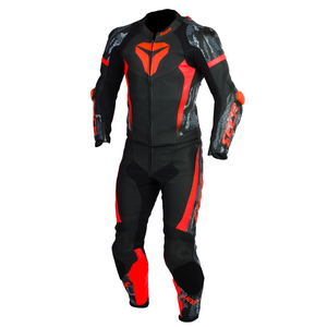Combinaison de moto en cuir personnalisée pour homme, grande taille, longue, 2 pièces, noire et rouge, imperméable, respirante, fermeture éclair, col rond - Product Image 1