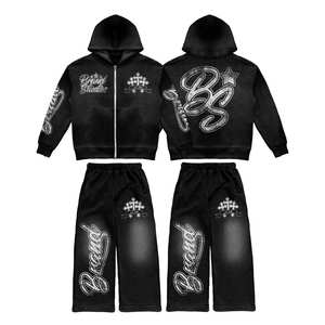 Veste zippée intégrale avec bandes latérales, pantalon large, étiquette de marque personnalisée, streetwear de luxe, survêtement d'hiver grande taille - Product Image 6