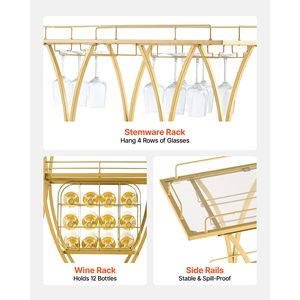 Carrito de Bar con 3 Niveles, Moderno, con Ruedas, para Cocina, con Superficie de Vidrio Templado, para Bebidas - Product Image 4