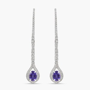 Boucles d'oreilles pendantes pour femmes plaquées rhodium avec améthyste et diamants taille brillant rond, forme goutte d'eau, style classique - Product Image 1