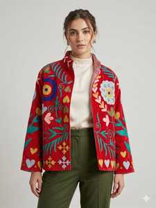 Tradition And Contemporary Bohemian Style Floral & Evileye Uzbek Coat Hand Embroidered Jute Suzani <b>Jacket</b> For Festival Outerwear - Product Image 2