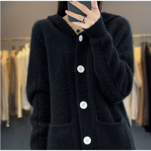 Women's ODM <b>Hooded</b> Long <b>Cardigan</b> Sweater Solid Color <b>Knitted</b> Button Front Standard Acrylic Winter Casual Full Sleeve Embroidery - Product Image 2