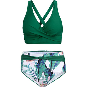 Ensemble bikini torsadé vert à col en V profond, motif floral, taille haute, deux pièces, maillot de bain, tenue de plage, le plus vendu - Product Image 3