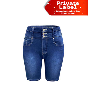 Shorts en jean pour femmes, logo personnalisé, taille haute, bleu classique, coupe slim, vente en gros, directement de l'usine OEM - Product Image 1