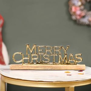 Merry <b>Christmas</b> Metal Sign Gold Finish Wood Base Traditional Holiday Decoration - Product Image 2